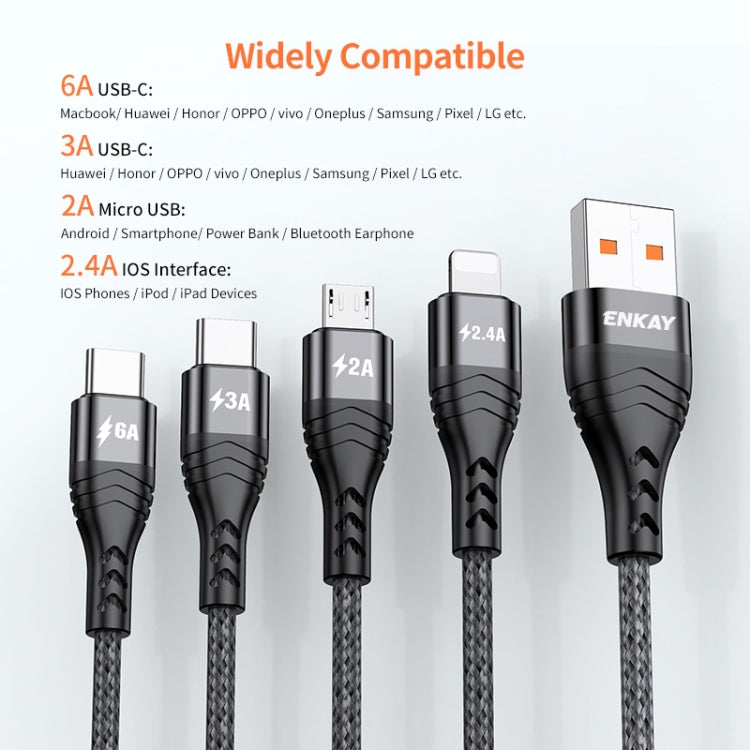 ENKAY 4-in-1 6A USB-A to Type-C / 8 Pin / Micro USB Multifunction Fast Charging Cable, Cable Length:1m(Grey)