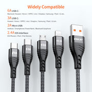 ENKAY 4-in-1 6A USB-A to Type-C / 8 Pin / Micro USB Multifunction Fast Charging Cable, Cable Length:1m(Grey)