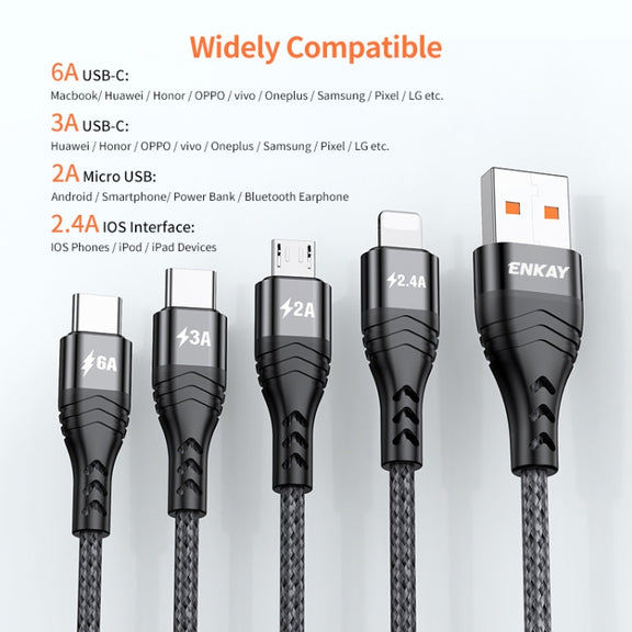 ENKAY 4-in-1 6A USB-A to Type-C / 8 Pin / Micro USB Multifunction Fast Charging Cable, Cable Length:1m(Grey)