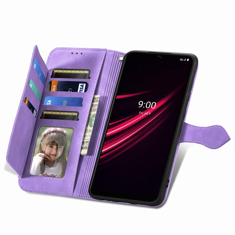 For T-Mobile REVVL V+ 5G Embossed Flower Zipper Leather Phone Case(Purple)