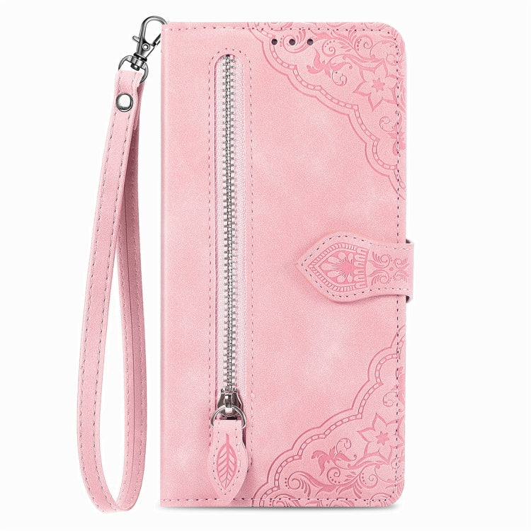 For Blackview A200 Pro Embossed Flower Zipper Leather Phone Case(Pink)