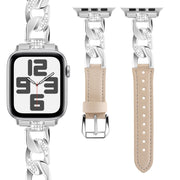 For Apple Watch Series 9 45mm Rhinestone Denim Chain Leather Watch Band(Apricot)