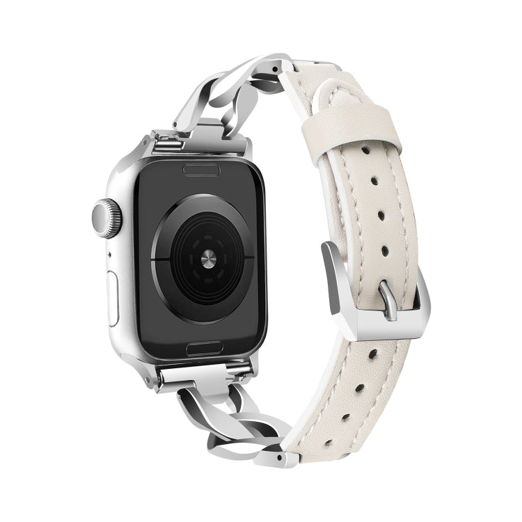 For Apple Watch Series 9 41mm Rhinestone Denim Chain Leather Watch Band(Beige)