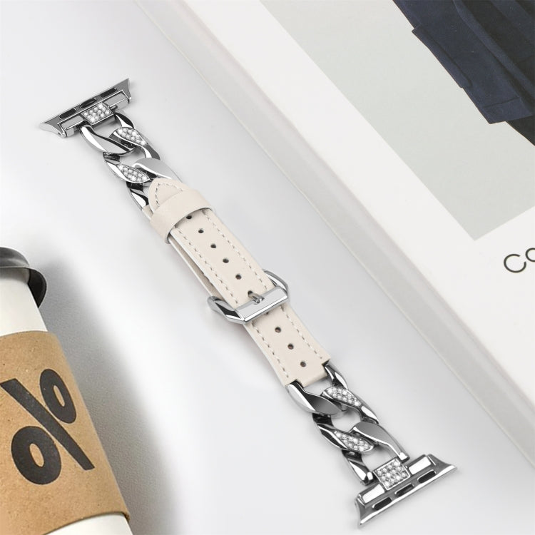 For Apple Watch Series 9 41mm Rhinestone Denim Chain Leather Watch Band(Beige)