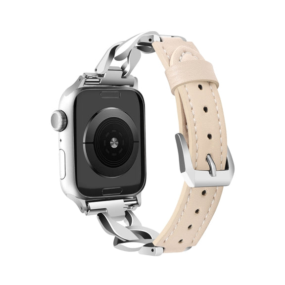 For Apple Watch Series 9 41mm Rhinestone Denim Chain Leather Watch Band(Apricot)