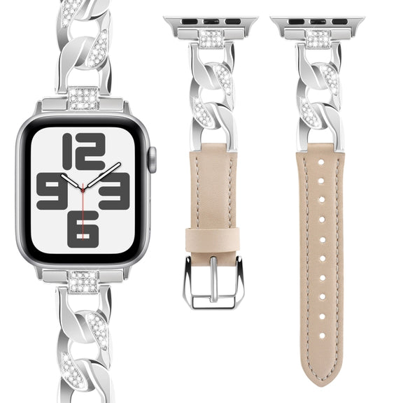 For Apple Watch Series 9 41mm Rhinestone Denim Chain Leather Watch Band(Apricot)