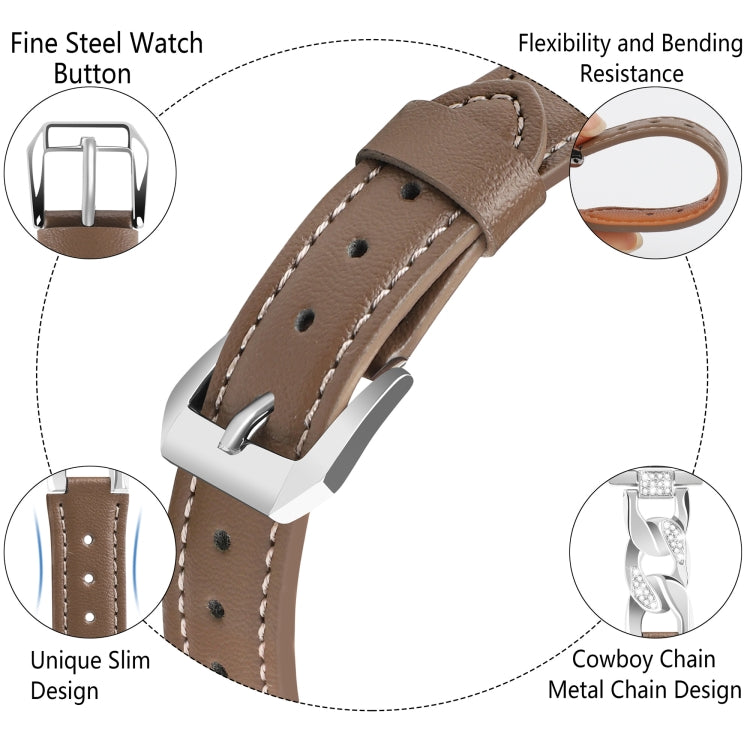 For Apple Watch Series 9 41mm Rhinestone Denim Chain Leather Watch Band(Dark Brown)