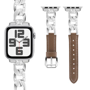 For Apple Watch Series 9 41mm Rhinestone Denim Chain Leather Watch Band(Dark Brown)