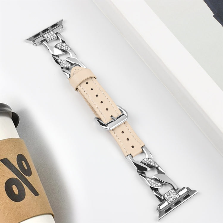 For  Apple Watch Series 8 41mm Rhinestone Denim Chain Leather Watch Band(Apricot)
