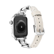 For Apple Watch Series 8 45mm Rhinestone Denim Chain Leather Watch Band(Beige)
