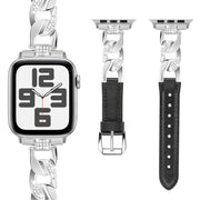 For Apple Watch Series 7 41mm Rhinestone Denim Chain Leather Watch Band(Black)
