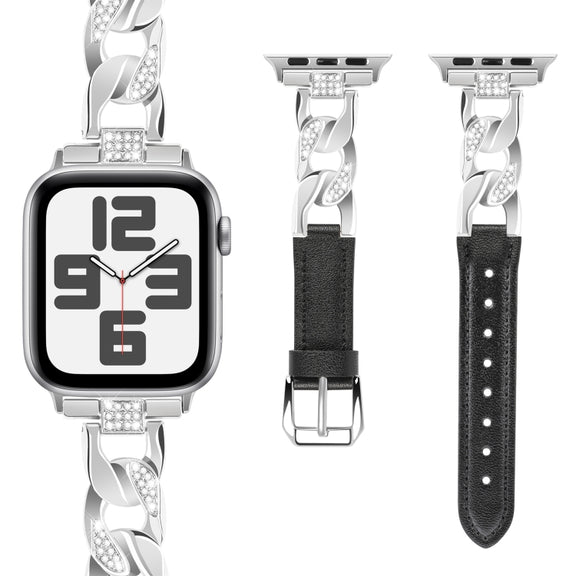 For Apple Watch Series 7 41mm Rhinestone Denim Chain Leather Watch Band(Black)