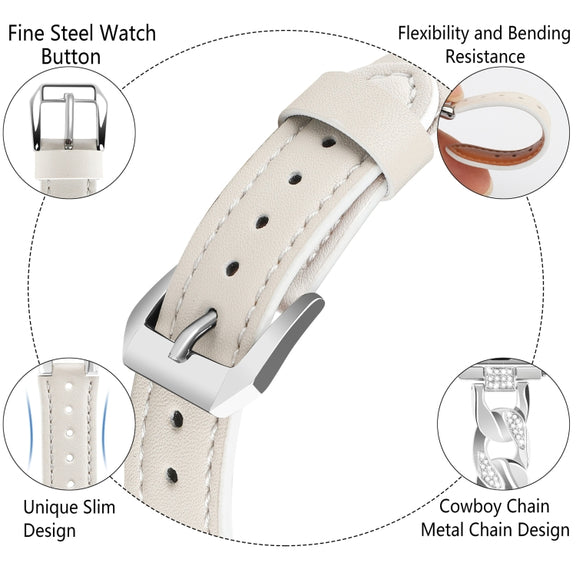 For Apple Watch Series 7 41mm Rhinestone Denim Chain Leather Watch Band(Beige)