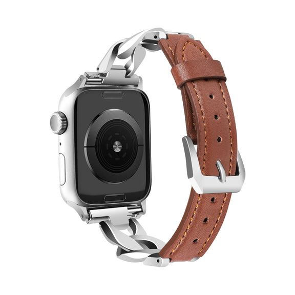 For Apple Watch Series 7 41mm Rhinestone Denim Chain Leather Watch Band(Brown)