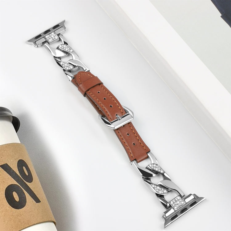 For Apple Watch Series 7 41mm Rhinestone Denim Chain Leather Watch Band(Brown)