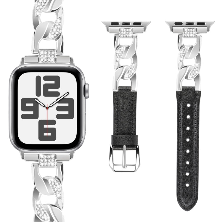 For Apple Watch Series 7 45mm Rhinestone Denim Chain Leather Watch Band(Black)