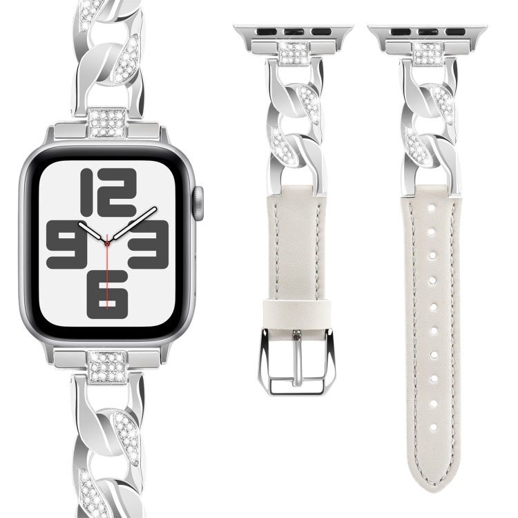 For Apple Watch Series 7 45mm Rhinestone Denim Chain Leather Watch Band(Beige)