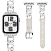 For Apple Watch Series 7 45mm Rhinestone Denim Chain Leather Watch Band(Beige)