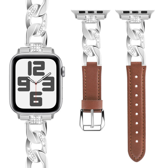 For Apple Watch Series 4 40mm Rhinestone Denim Chain Leather Watch Band(Brown)