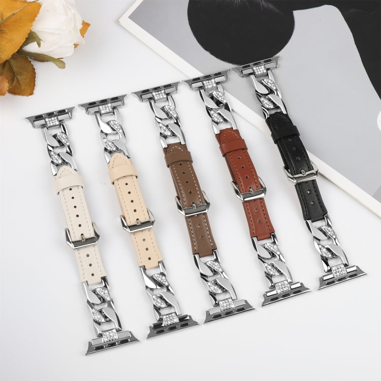 For Apple Watch Series 9 41mm Rhinestone Denim Chain Leather Watch Band(Brown)