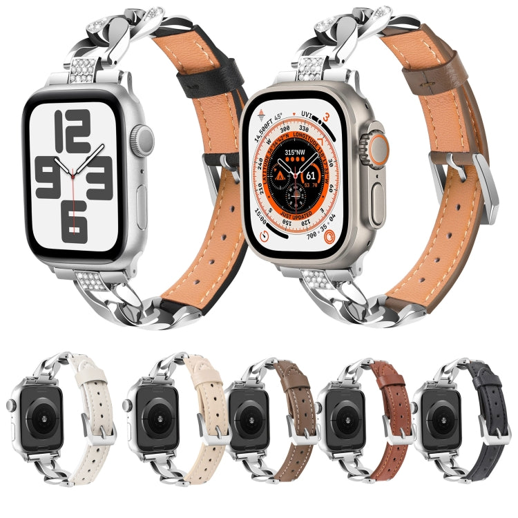 For  Apple Watch Series 8 41mm Rhinestone Denim Chain Leather Watch Band(Black)