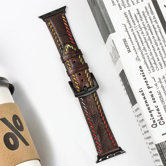 For Apple Watch Ultra 2 49mm Colorful Sewing Thread Leather Watch Band(Dark Brown)