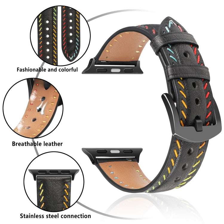 For Apple Watch Ultra 2 49mm Colorful Sewing Thread Leather Watch Band(Black)