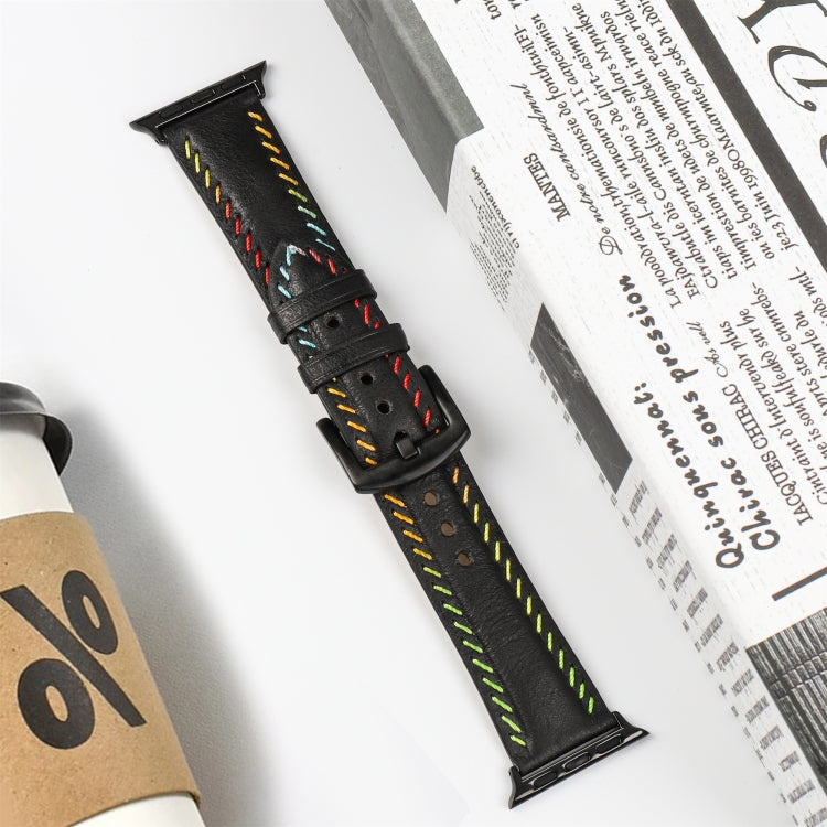 For Apple Watch Ultra 2 49mm Colorful Sewing Thread Leather Watch Band(Black)