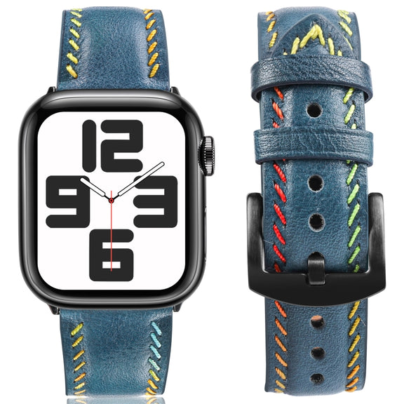 For Apple Watch Ultra 49mm Colorful Sewing Thread Leather Watch Band(Blue)