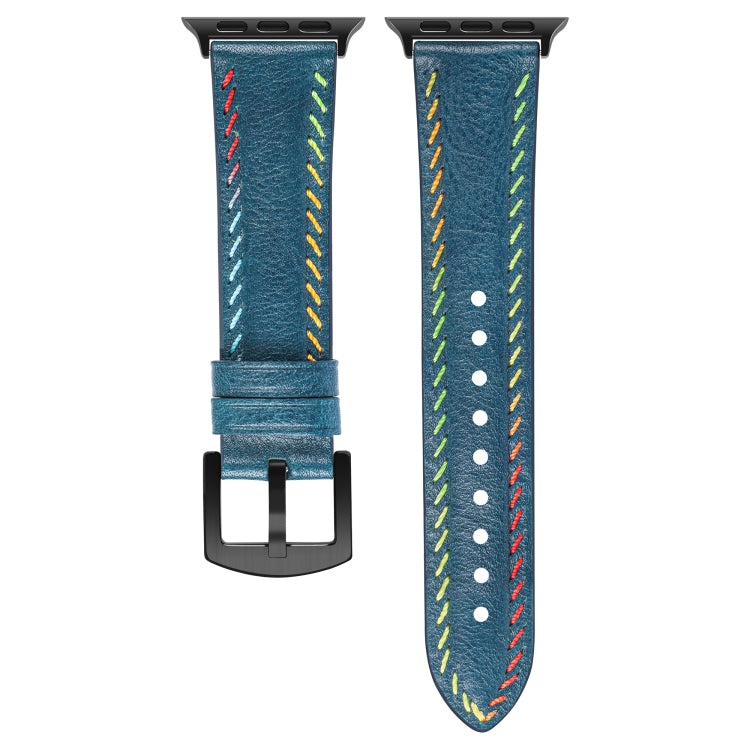 For Apple Watch Ultra 49mm Colorful Sewing Thread Leather Watch Band(Blue)