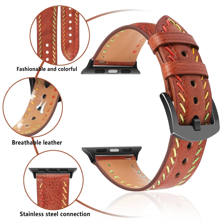 For Apple Watch Series 8 41mm Colorful Sewing Thread Leather Watch Band(Brown)