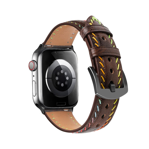 For Apple Watch Series 8 45mm Colorful Sewing Thread Leather Watch Band(Dark Brown)