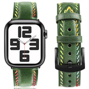 For Apple Watch Series 8 45mm Colorful Sewing Thread Leather Watch Band(Green)