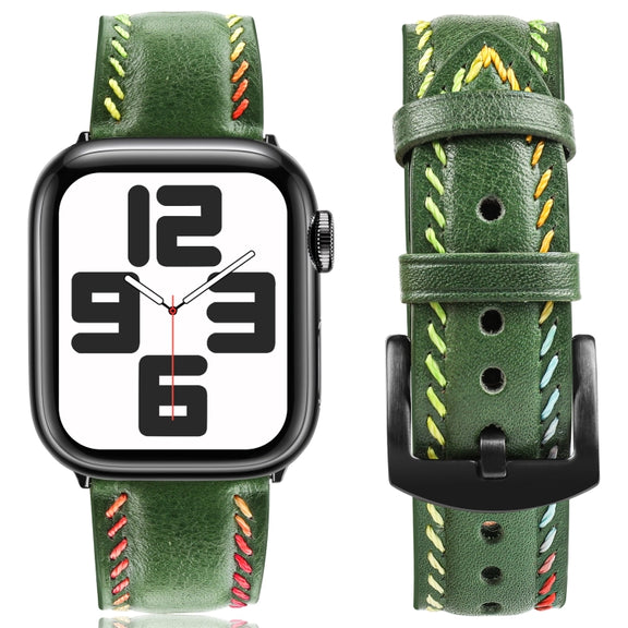 For Apple Watch Series 8 45mm Colorful Sewing Thread Leather Watch Band(Green)
