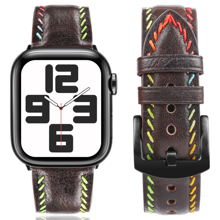 For Apple Watch Series 7 45mm Colorful Sewing Thread Leather Watch Band(Dark Brown)
