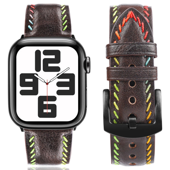 For Apple Watch Series 7 45mm Colorful Sewing Thread Leather Watch Band(Dark Brown)