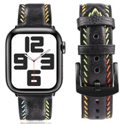 For  Apple Watch Series 5 44mm Colorful Sewing Thread Leather Watch Band(Black)