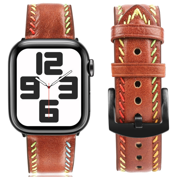 For Apple Watch Series 3 38mm Colorful Sewing Thread Leather Watch Band(Brown)