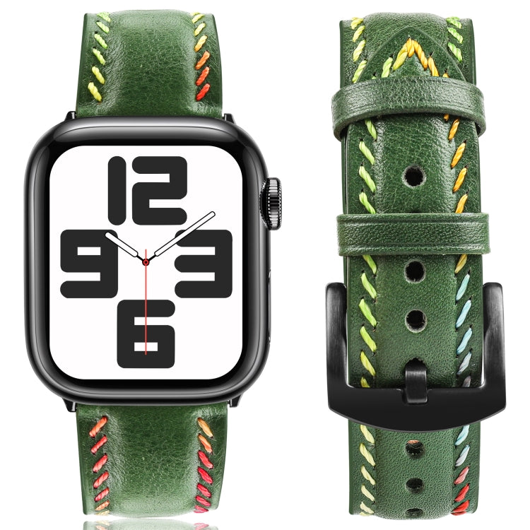 For Apple Watch Series 3 42mm Colorful Sewing Thread Leather Watch Band(Green)