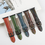 For  Apple Watch Series 5 44mm Colorful Sewing Thread Leather Watch Band(Black)