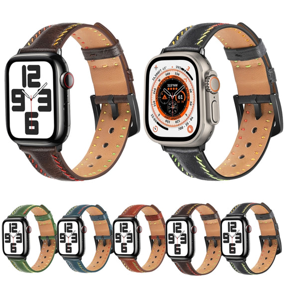 For  Apple Watch Series 5 44mm Colorful Sewing Thread Leather Watch Band(Black)