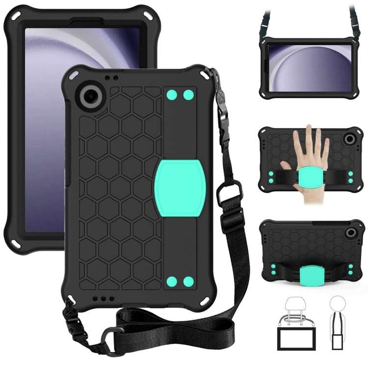 For Samsung Galaxy Tab A9 8.7 X110/X115 Honeycomb EVA Hybrid PC Tablet Case with Strap(Black+Aqua)