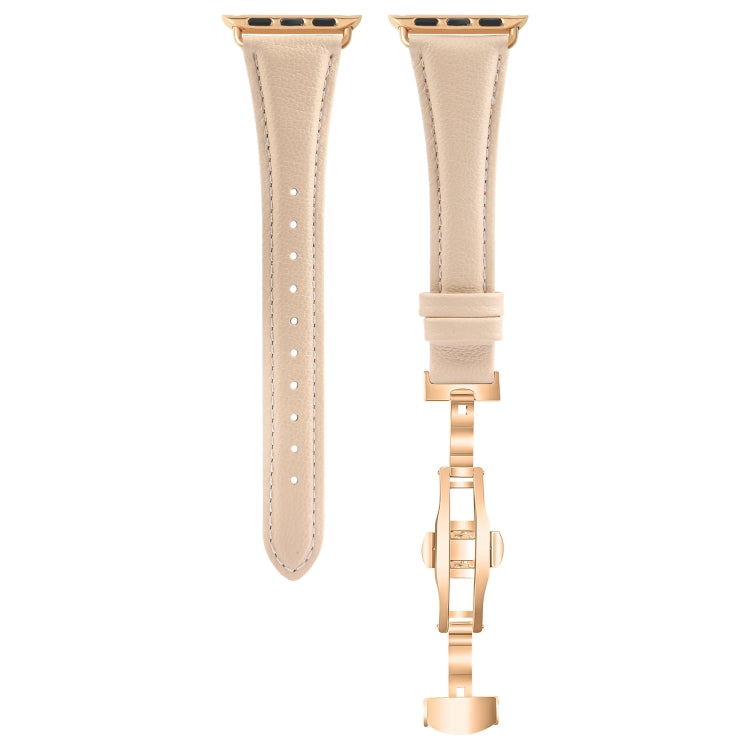For Apple Watch Ultra 2 49mm Plain Leather Butterfly Buckle Watch Band(Apricot+Rose Gold)