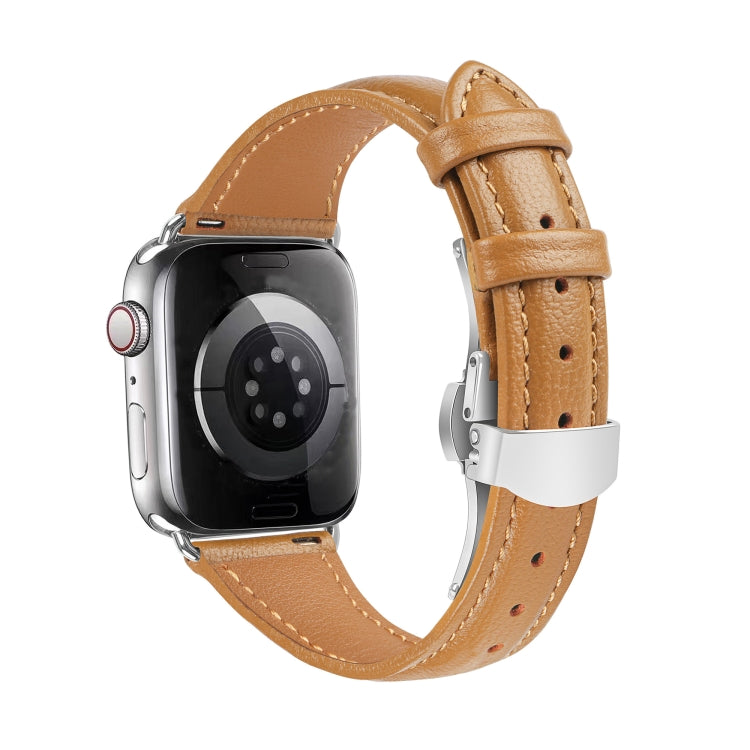 For Apple Watch Series 9 45mm Plain Leather Butterfly Buckle Watch Band(Brown+Silver)