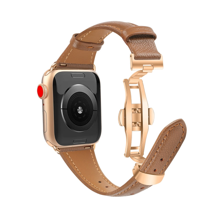 For Apple Watch Series 9 45mm Plain Leather Butterfly Buckle Watch Band(Dark Brown+Rose Gold)