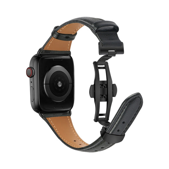 For Apple Watch Series 9 45mm Plain Leather Butterfly Buckle Watch Band(Black+Black)
