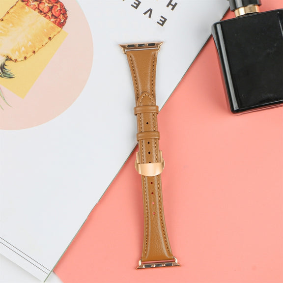 For Apple Watch Series 9 45mm Plain Leather Butterfly Buckle Watch Band(Brown+Rose Gold)
