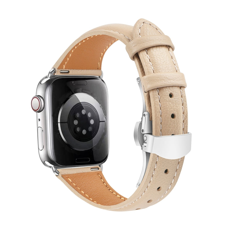 For Apple Watch Series 9 41mm Plain Leather Butterfly Buckle Watch Band(Apricot+Silver)