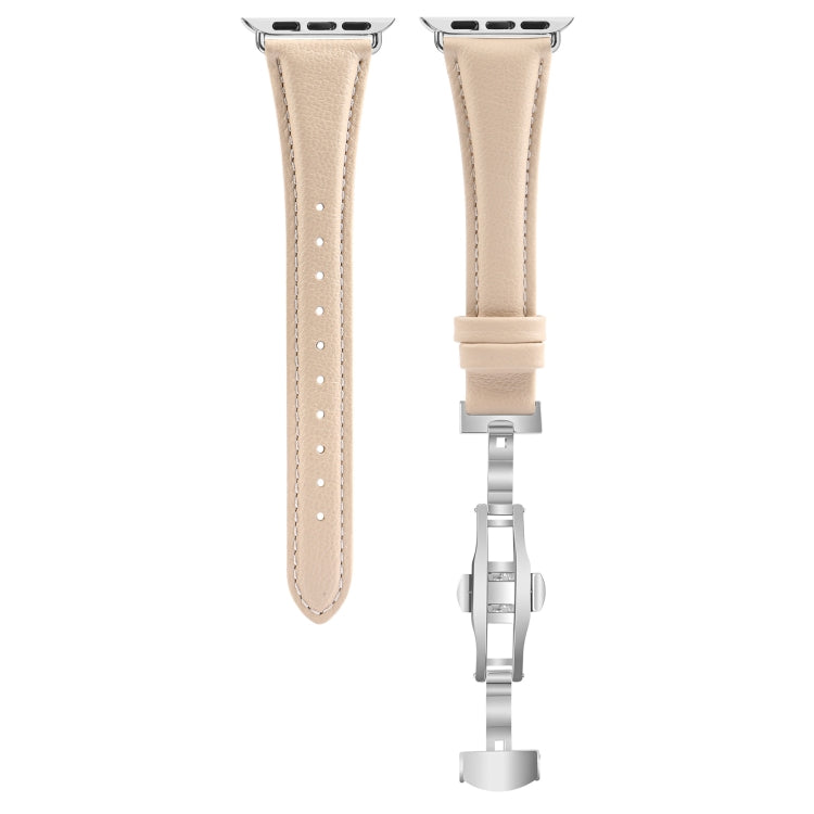For Apple Watch Series 9 41mm Plain Leather Butterfly Buckle Watch Band(Apricot+Silver)