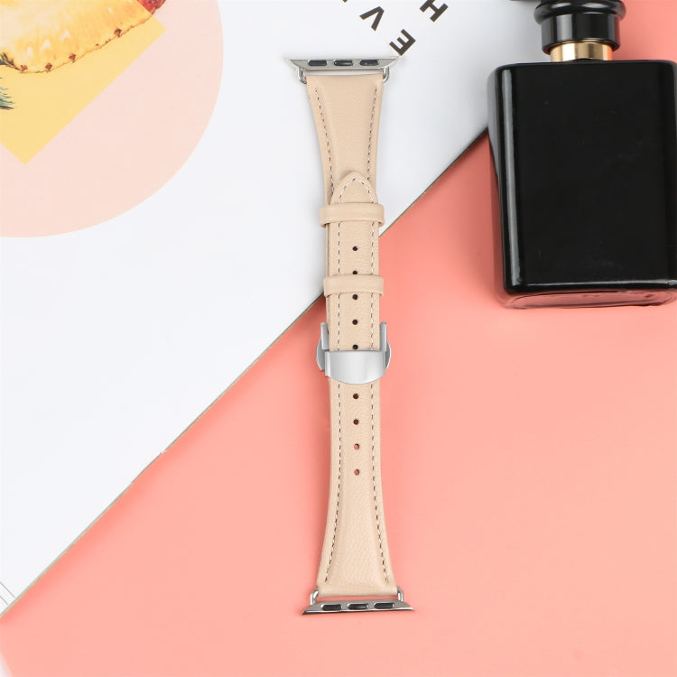 For Apple Watch Series 9 41mm Plain Leather Butterfly Buckle Watch Band(Apricot+Silver)